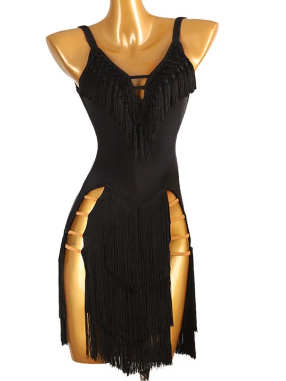 Black Fringe Latin Ballroom Competition Modern Waltz Tango Dance Dress S/M